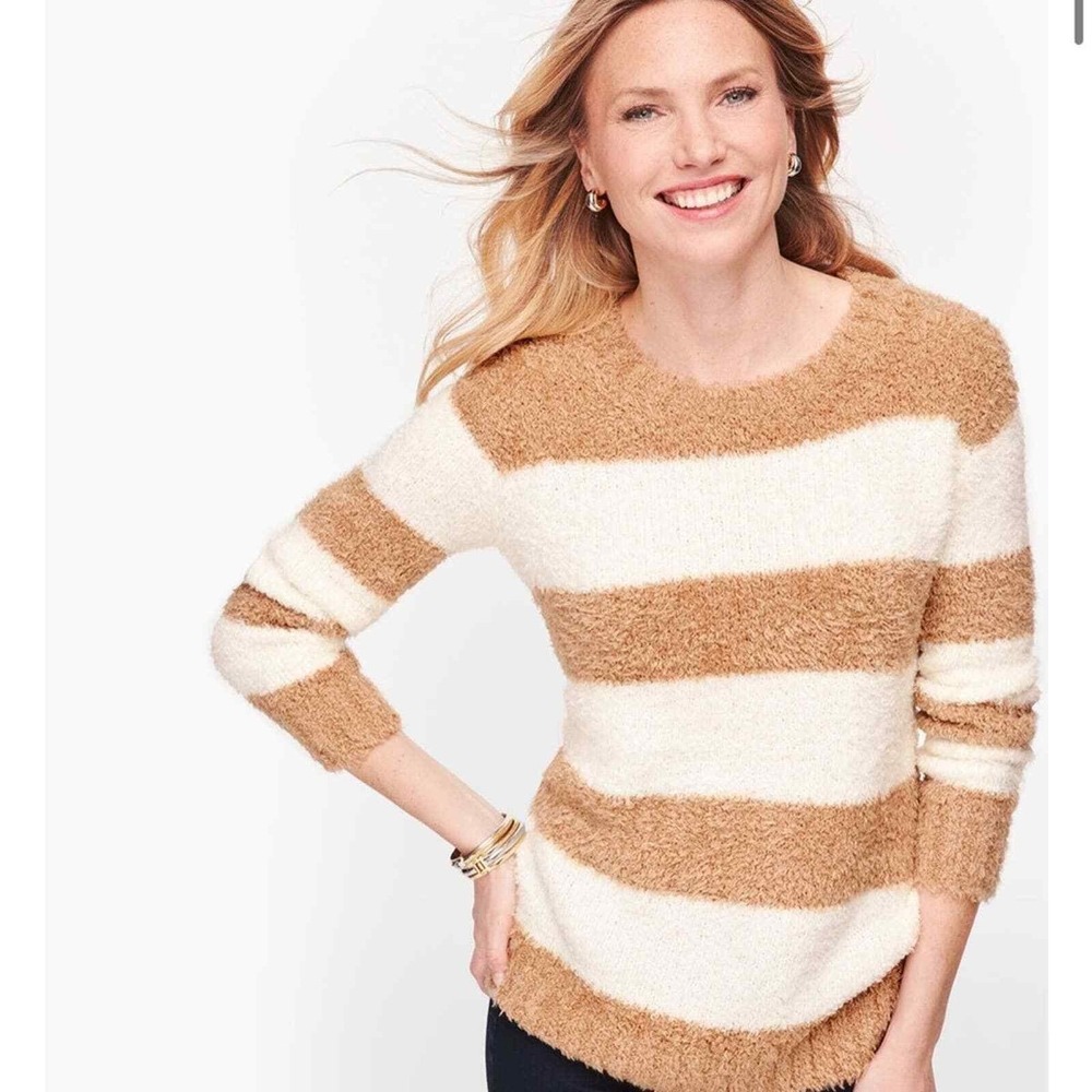 Talbots Ultra Plush Brown White Striped Fuzzy‎ Soft Sweater Wool Blend Size 2X